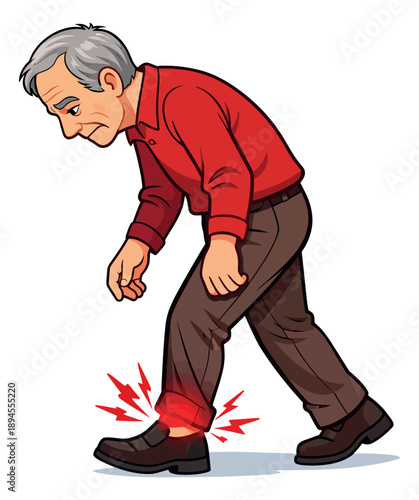 Hand drawn illustration of an elderly man depicting a painful ankle for medical content