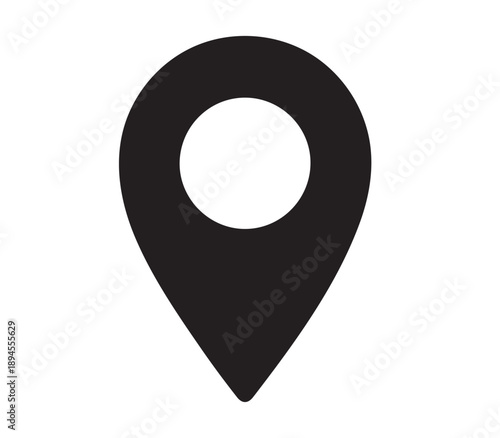 A black map pin icon on a white background