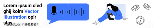 Voice recognition, AI communication, money management, digital payments, speech processing, technology. Features a speech bubble, waveform woman and currency icons. Voice recognition and financial