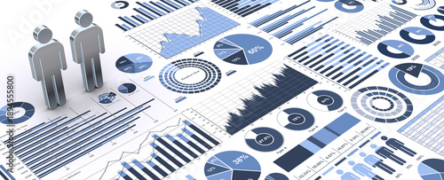 ビジネスチャートやグラフと2体の人型アイコン