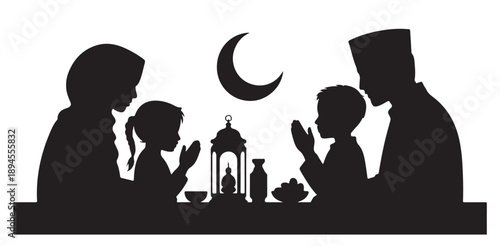 Islamic family silhouette praying at dining table for ramadan iftar vector illustration with moon lantern