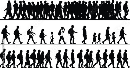 Silhouettes of people walking with backpacks, bags, and hats in three-row layout showing diverse motion and attire