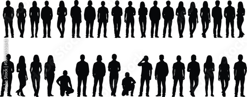 Silhouettes of 40 diverse individuals in varied postures and attire arranged in two horizontal rows