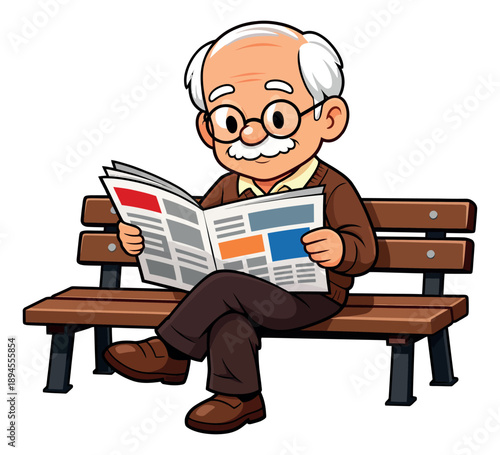 Cartoon illustration of an elderly man depicting reading a newspaper on a bench for leisure and news