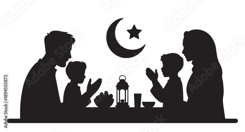 Muslim family silhouette praying for iftar meal during ramadan vector illustration with moon and star icon