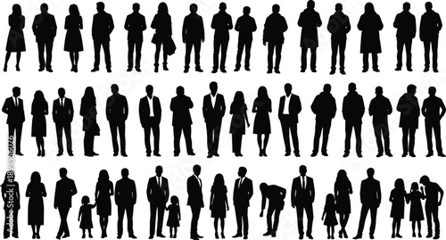 Silhouettes of people in diverse poses including individuals, pairs, and adults with children in grouped layout