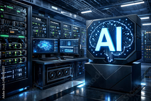 AI Data Center: A futuristic data center, buzzing with servers, monitors and illuminated with AI, embodies the cutting edge of technological innovation and its influence in the modern age.