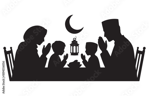 Parents and children praying at table for Ramadan, moon and lantern illuminating evening meal