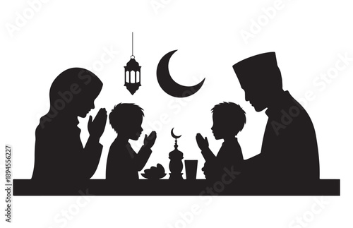Silhouette of muslim parents and children praying at dining table with lantern and moon for ramadan holiday