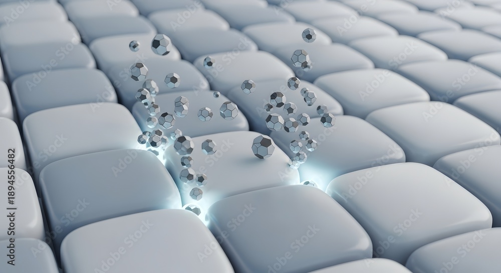 Fototapeta premium Water droplets fall on a grid of white square buttons with glowing effect