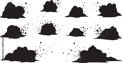Black Silhouette of Exploding Rock or Mountain on White
