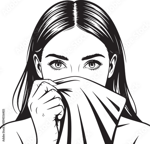 Beautiful girl illustration with high turtleneck on her face. Hand-drawn idea for business cards , templates, invitations, banner, wallpaper, poster. Perfect social media trendy style look