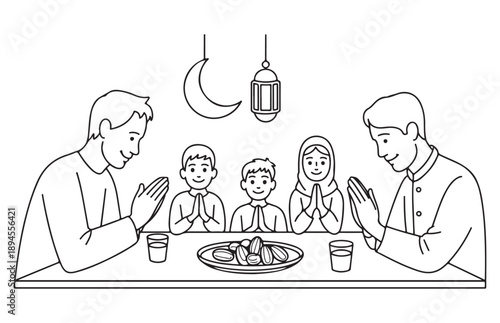 Minimalist line drawing of muslim family gathering at dining table for ramadan iftar dinner with holy moon
