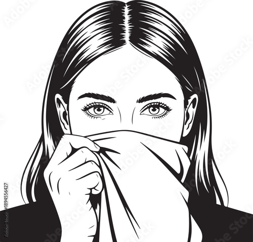 Beautiful girl illustration with high turtleneck on her face. Hand-drawn idea for business cards , templates, invitations, banner, wallpaper, poster. Perfect social media trendy style look