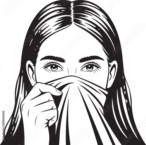 Beautiful girl illustration with high turtleneck on her face. Hand-drawn idea for business cards , templates, invitations, banner, wallpaper, poster. Perfect social media trendy style look