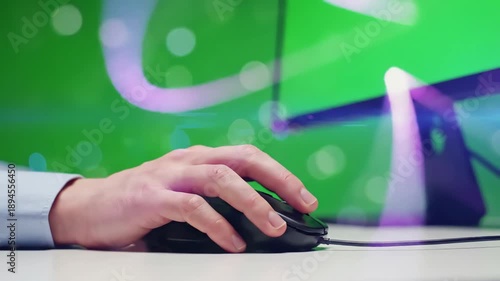 Green Screen office guy using chromakey computer closeup worker hand holding mouse device scene 2 with distortion, overlay, glitch, static noise, scan lines on black background, 4k animated video loop