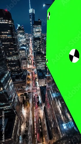 Green Screen aerial top view of skyscrapers and build board with tracking point bird modern city at night streets scene 2 distortion, overlay, glitch, static noise, scan lines on black background, 4k