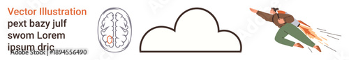 Education, neuroscience, innovation, creativity, motivation, science. A brain diagram, cloud icon and a person flying with rockets. Education and neuroscience concept
