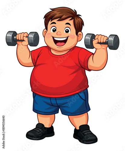 Cheerful cartoon illustration of an overweight boy depicting lifting dumbbells and smiling for fitness and health