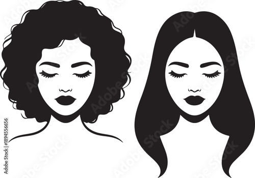 Beautiful woman and black African American woman face with afro and long straight hair vector illustration.