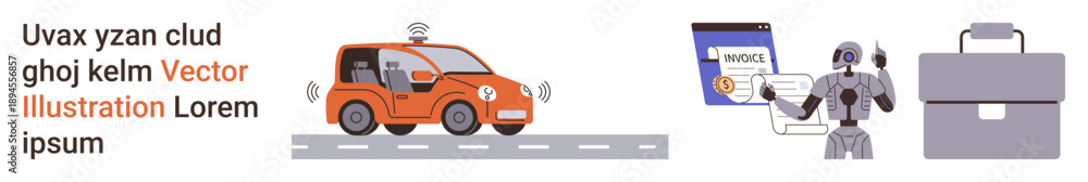 Fototapeta premium Automation, artificial intelligence, business process, automated vehicles, technology integration, digital workforce. Driverless car on road, AI robot handling invoice and business case. Automation
