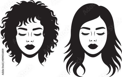 Beautiful woman and black African American woman face with afro and long straight hair vector illustration.
