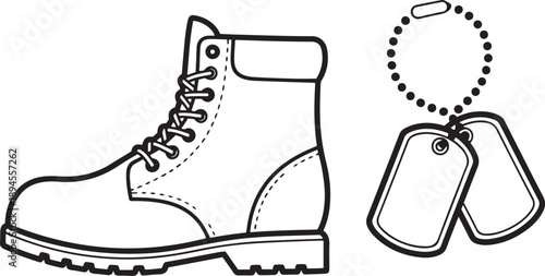 Black and white of combat boot and dog tags military outline