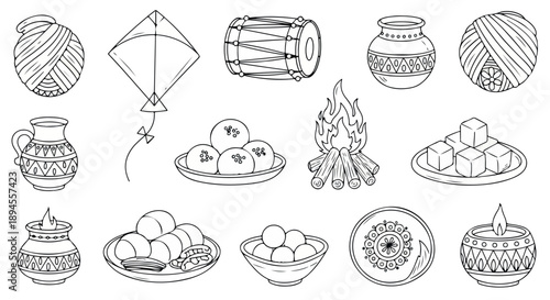 Black and white line drawing illustrations of various traditional Asian food and drink items with cultural symbols.