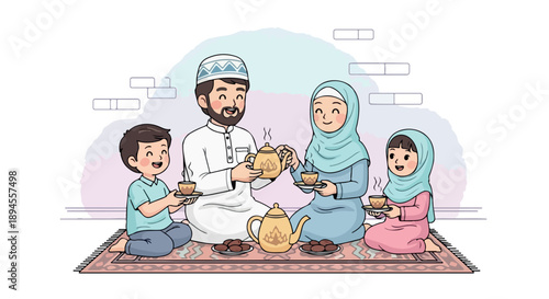 Illustration of a Muslim family sharing a meal together on a colorful rug with traditional clothing and tea.