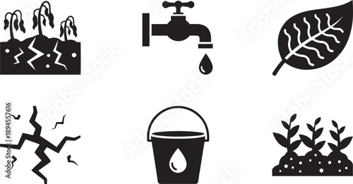 Black and white of plants water drop bucket and faucet