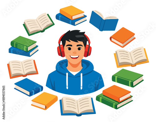 Cartoon illustration of a young man with headphones surrounded by books for education and reading