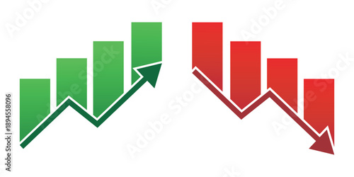 Vector illustration of green and red arrows showing profit increase and decrease. Isolated growth graph icons with progress bar, ideal for business, finance, investment, and success visualization.