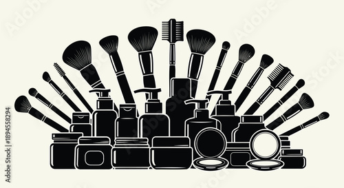 Vector illustration of makeup brushes and cosmetics