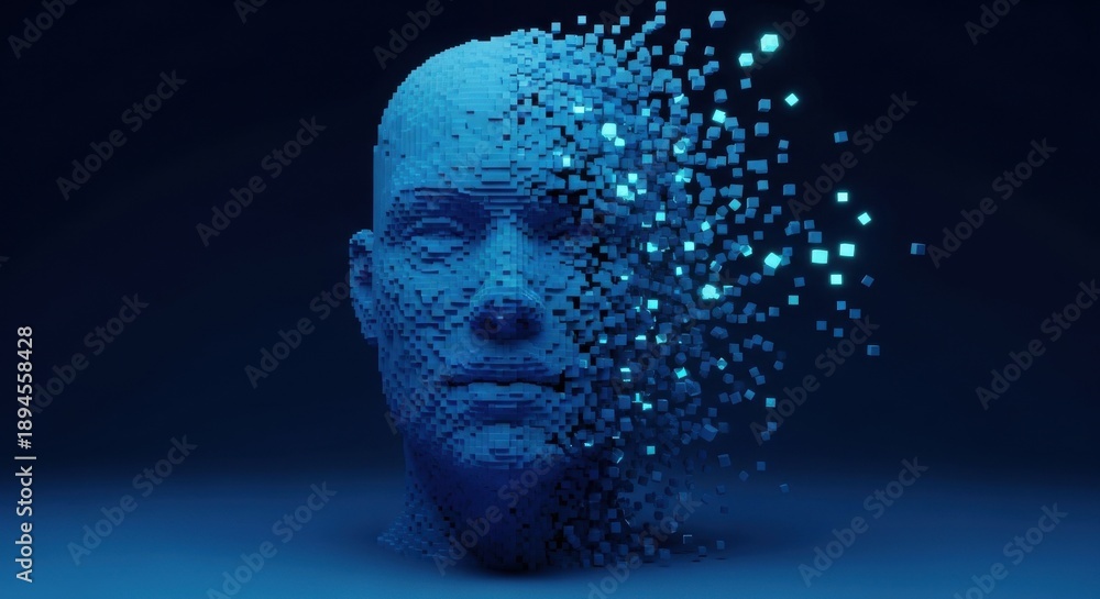 Obraz premium Blue human face with digital pixels flying off into cyberspace
