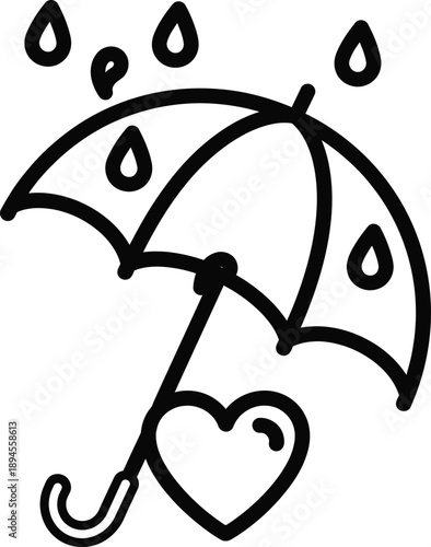 Black outline umbrella with heart and rain drops weather