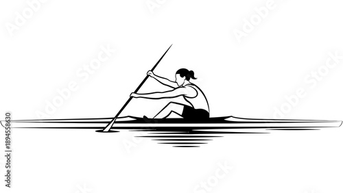 A woman rows a boat with a single oar on calm water in a simple black and white illustration.
