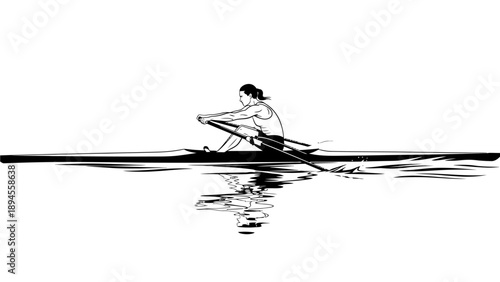 A shirtless man rows a boat with oars across calm water against a white background in a black and white illustration.