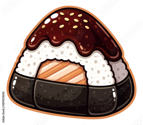 Cartoon illustration of an onigiri depicting rich sauce and sesame seeds for a food menu
