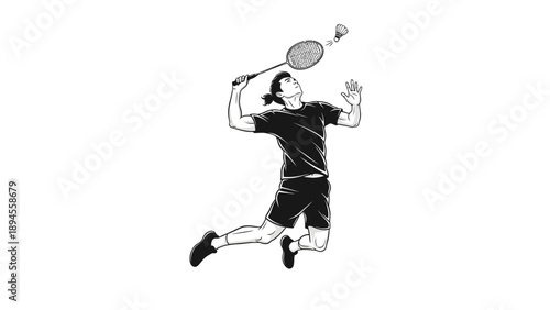 A male tennis player in mid-air hitting a ball with a racket on a clean white background with a monochromatic color scheme.