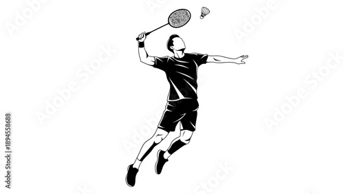 A male badminton player in mid-air swings his racket with a shuttlecock flying nearby, captured in a dynamic black and white illustration.