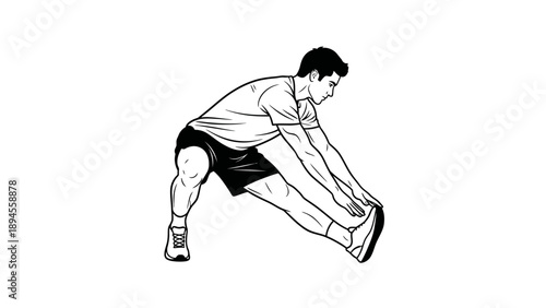 Line drawing of a man stretching his hamstring with one leg bent behind him on a plain white background.
