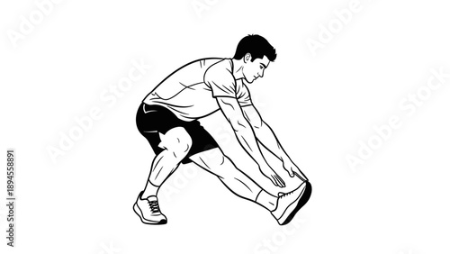 A man stretching his hamstring on a white background wearing black shorts and sneakers in a simple line drawing style.