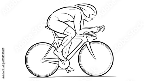 A cyclist in a crouched position riding a bicycle with a streamlined posture on a white background with a minimalist illustration style.