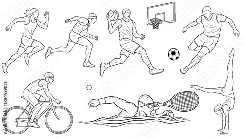 A black and white line drawing illustration of various sports players in action on a plain background.