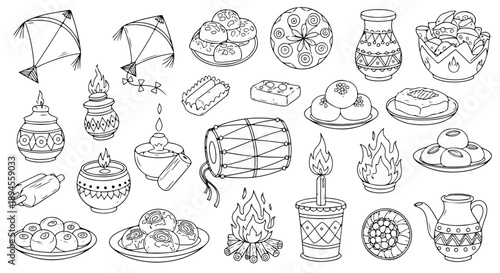Black and white line drawing illustrations of various holiday foods and decorations on a plain white background.