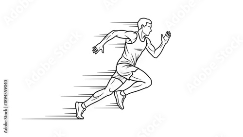 A line drawing of a man running quickly with motion lines behind him on a white background.