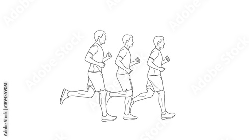 Line drawing of three men running in a row with athletic wear on a white background.