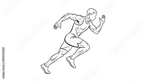 A line drawing of a male athlete sprinting with outstretched arms and legs in motion on a white background.