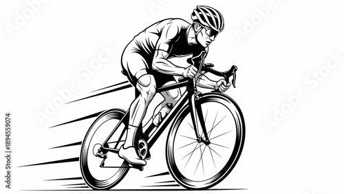 A cyclist wearing a helmet and riding a bicycle with motion lines behind the wheels on a white background in a black and white illustration.