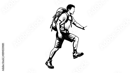 A man wearing a backpack runs with motion, captured in a dynamic black and white illustration on a clean white background.